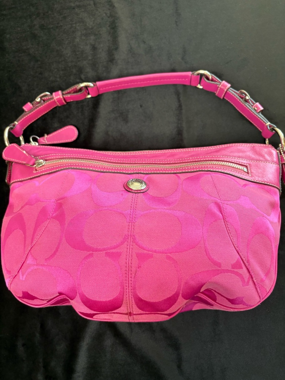🔥🔥🔥Coach Rare Laura Signature Canvas Leather Should Bag Vibrant Pink - Picture 9 of 16